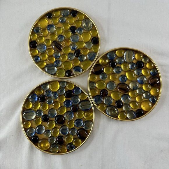 Set Of 3 MCM GLASS PEBBLE TRIFOOTED BRASS /gold TRIVET ART ROUND Mosaic Vintage